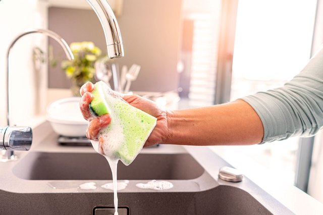 An image of a person holding a soapy green sponge over a kitchen sink