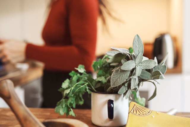 An image of a white mug with herbs on a wooden table with a woman in the background