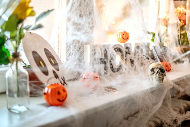 An image of a Halloween composition with pumpkins, skulls, cobwebs, and spiders