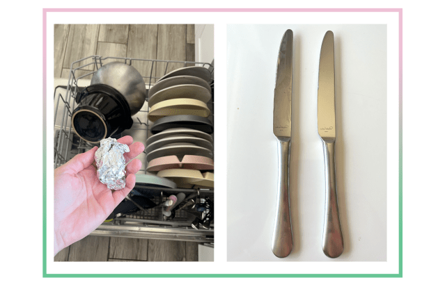 An image of a person holding a ball of aluminum foil and silverware